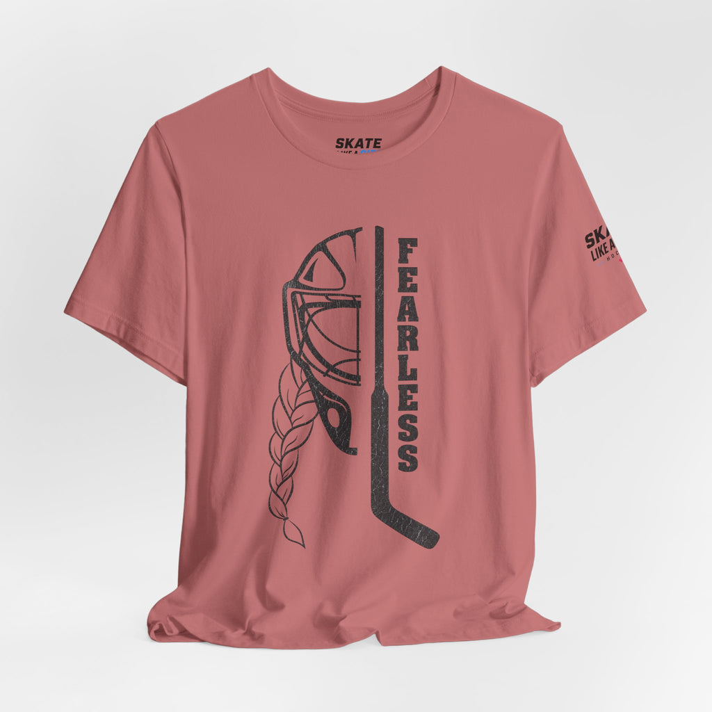 Skate Like A Girl Fearless Goalie hockey tee in Mauve - styled