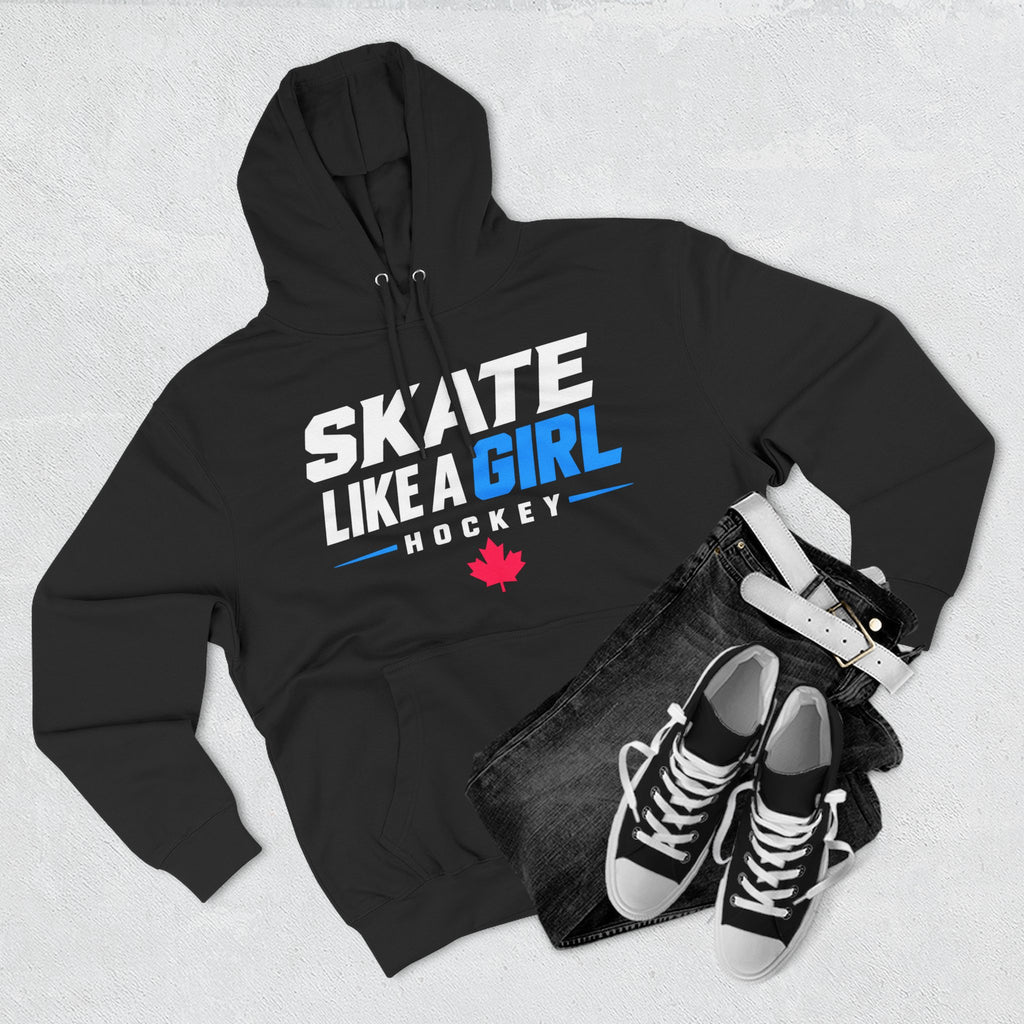 Skate Like A Girl Hockey hoodie in Black styled with jeans and sneakers