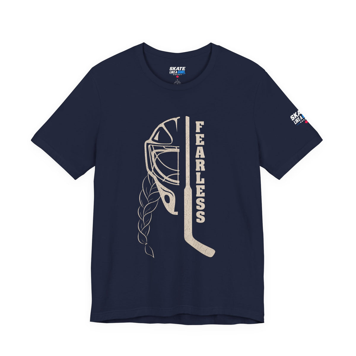 Skate Like A Girl Fearless Goalie hockey tee in Navy - front, goalie mask, braid and stick with FEARLESS graphic