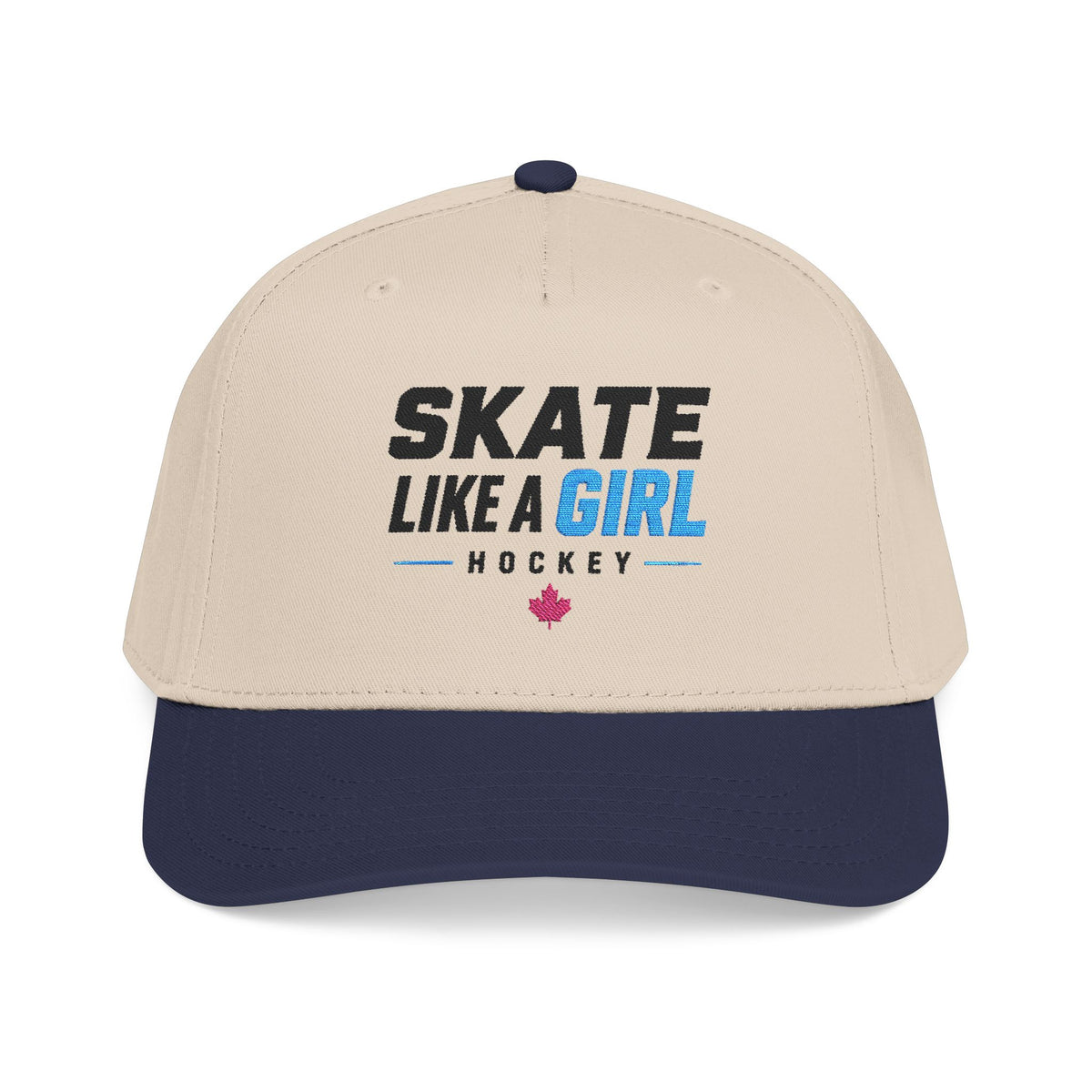 Skate Like A Girl Hockey snapback cap in Navy / Natural - front, embroidered wordmark logo