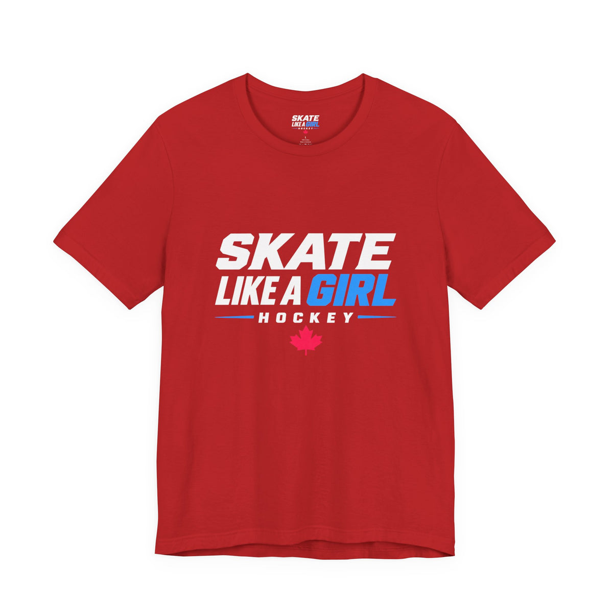 Skate Like A Girl Hockey wordmark tee in Red - front, full logo centered