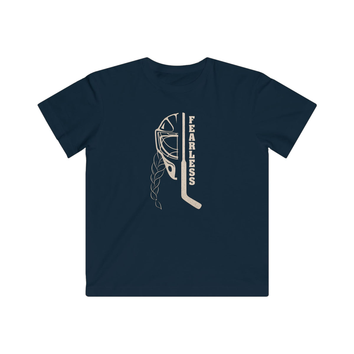 Kids Fearless Goalie Tee in Navy - front, goalie mask, braid and stick with FEARLESS graphic