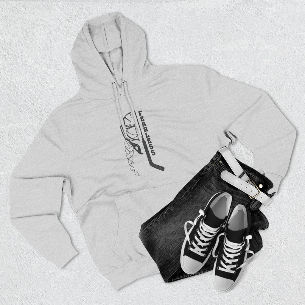 Fearless goalie hockey hoodie in Heather Grey - styled flat lay with jeans