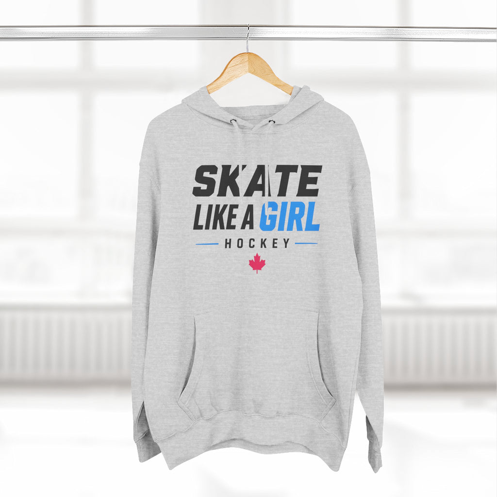 Skate Like A Girl Hockey hoodie in Heather Grey hanging on a rack