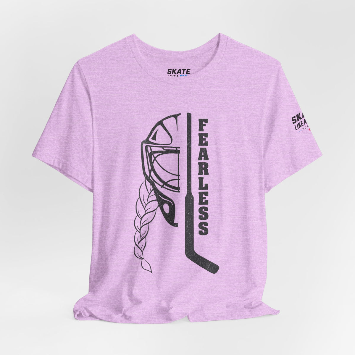 Skate Like A Girl Fearless Goalie hockey tee in Heather Prism Lilac - styled