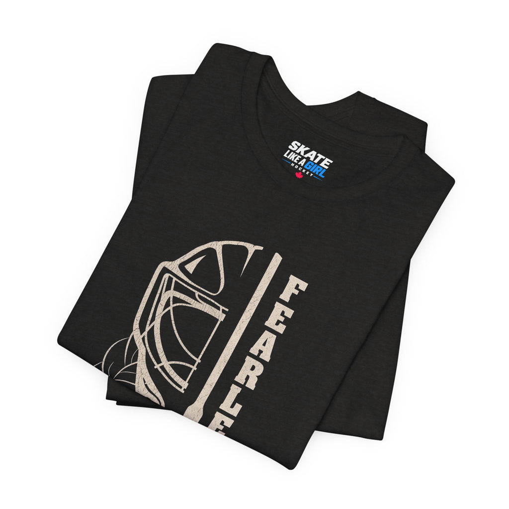 Skate Like A Girl Fearless Goalie hockey tee in Black Heather - folded