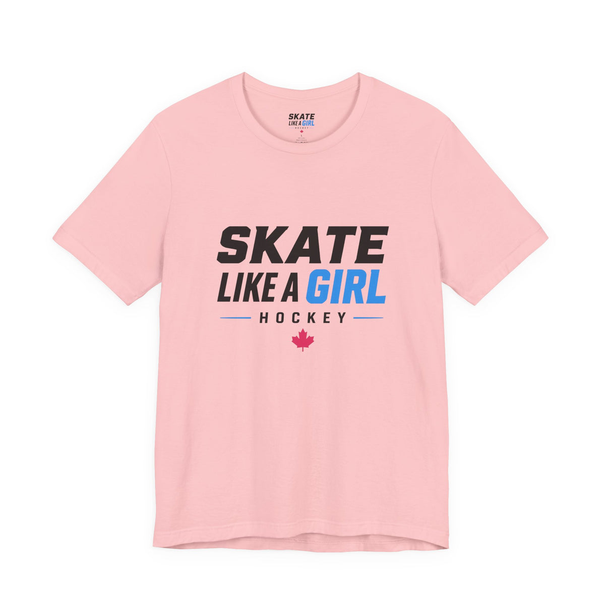 Skate Like A Girl Hockey wordmark tee in Pink - front, full logo centered