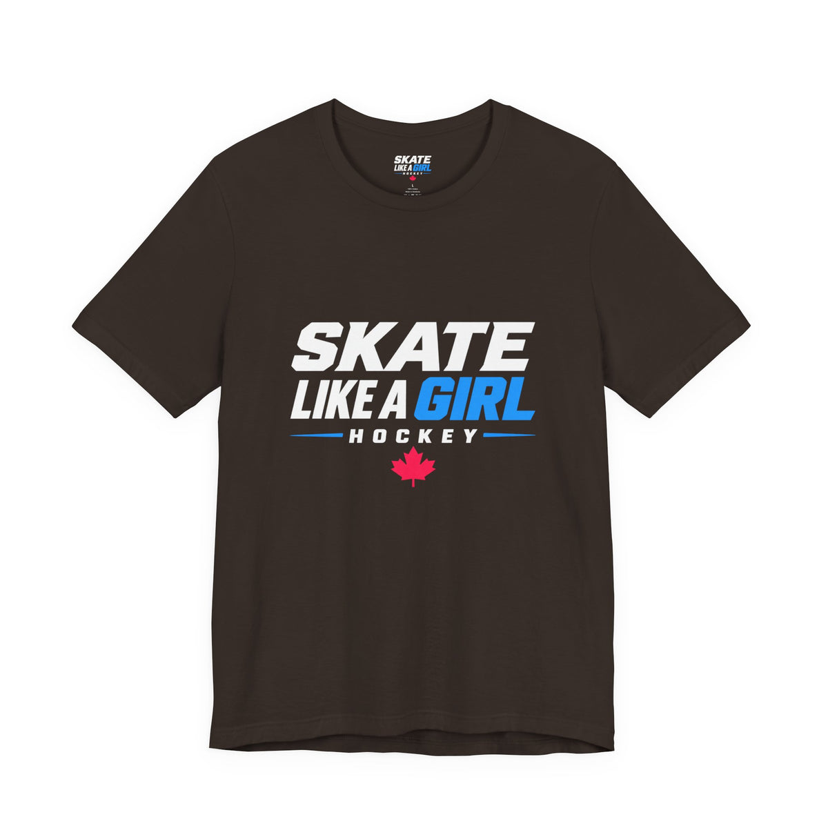 Skate Like A Girl Hockey wordmark tee in Brown - front, full logo centered