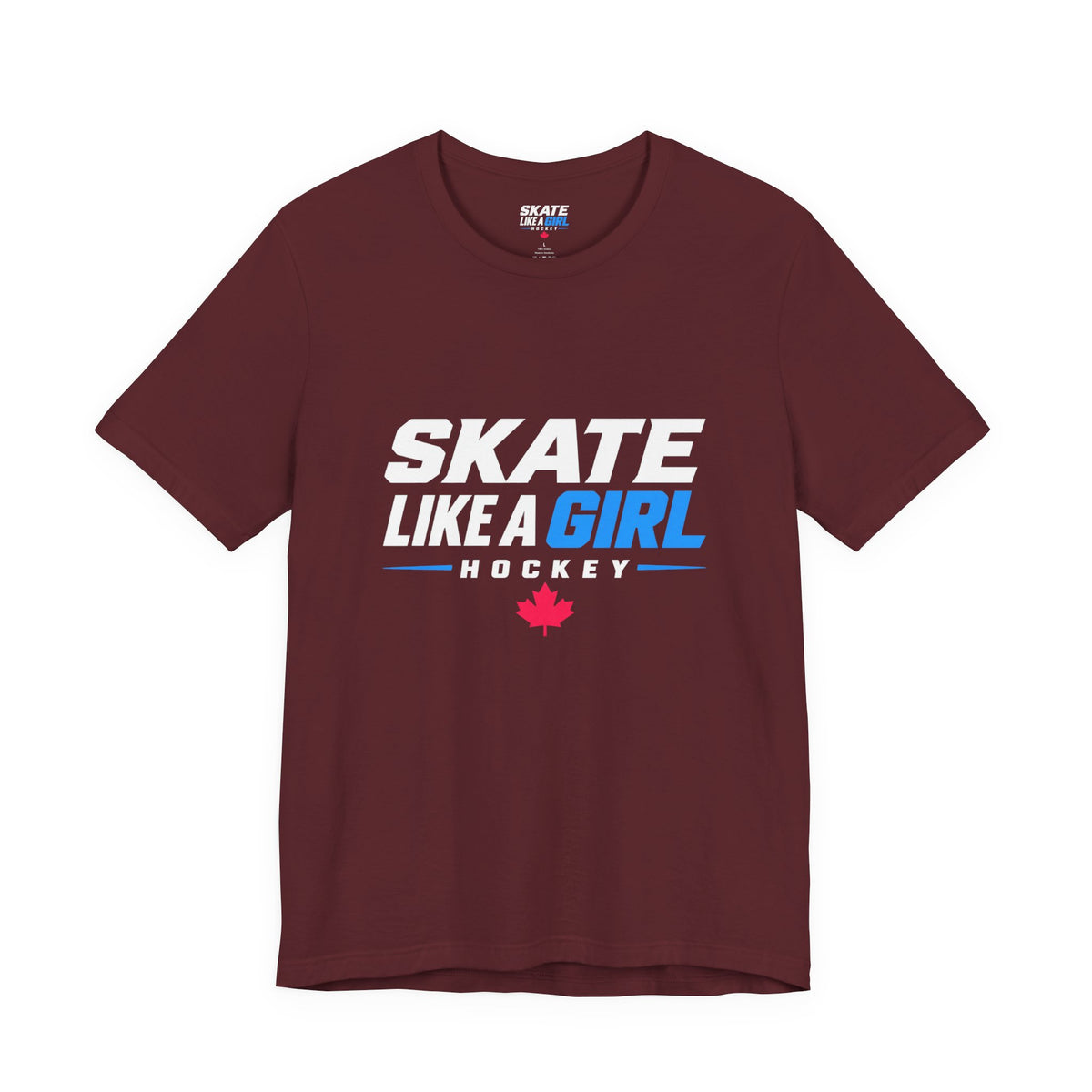 Skate Like A Girl Hockey wordmark tee in Maroon - front, full logo centered