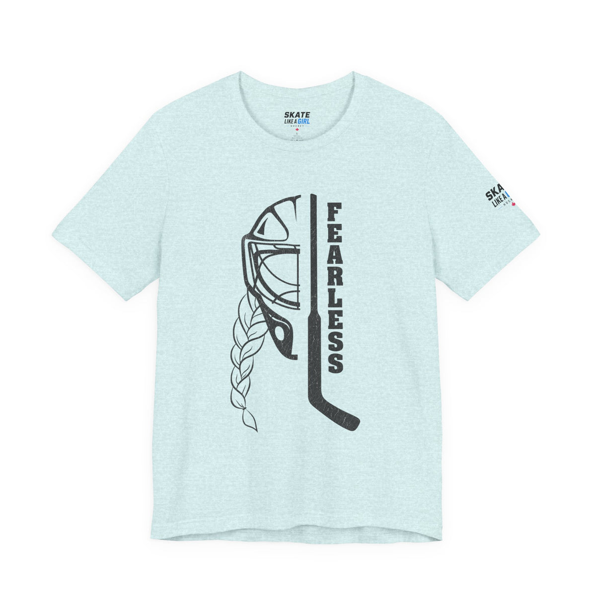 Skate Like A Girl Fearless Goalie hockey tee in Heather Prism Ice Blue - front, goalie mask, braid and stick with FEARLESS graphic
