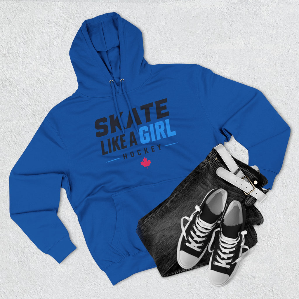 Skate Like A Girl Hockey hoodie in Royal Blue styled with jeans and sneakers