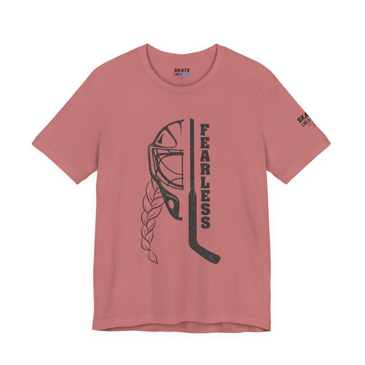 Skate Like A Girl Fearless Goalie hockey tee in Mauve - front, goalie mask, braid and stick with FEARLESS graphic