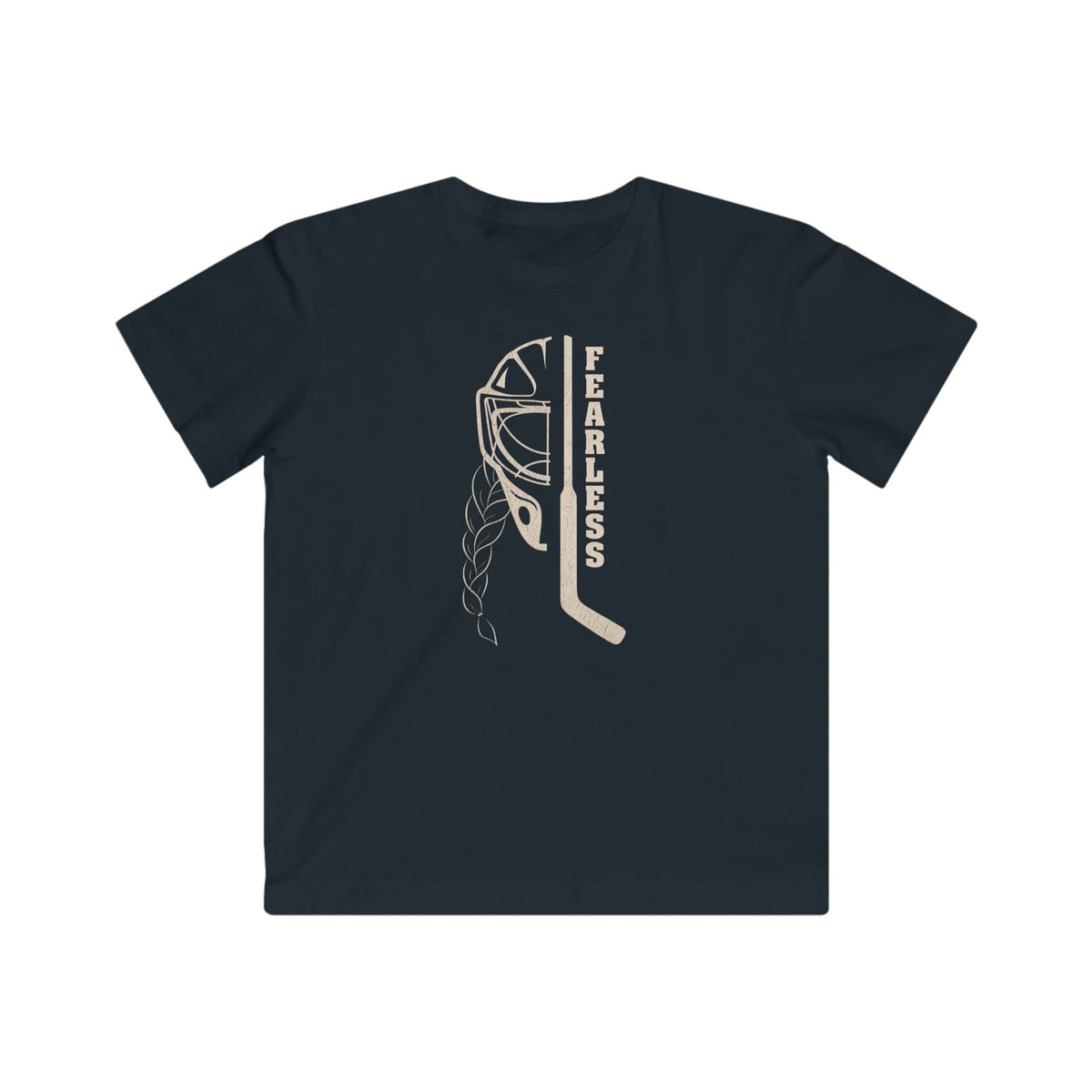 Kids Fearless Goalie Tee in Black - front, goalie mask, braid and stick with FEARLESS graphic