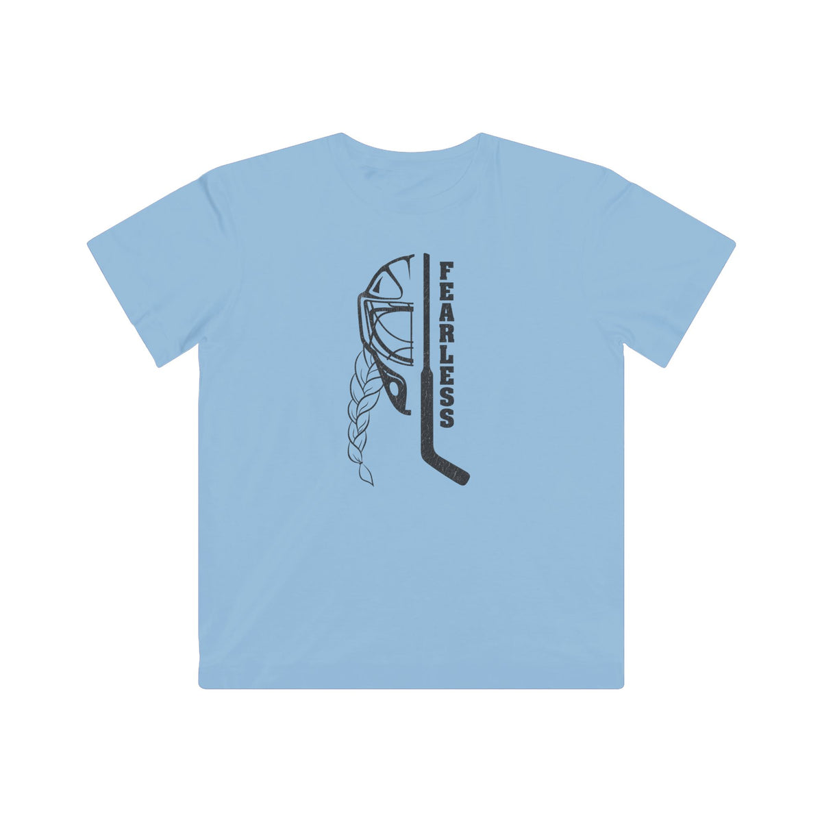 Kids Fearless Goalie Tee in Light Blue - front, goalie mask, braid and stick with FEARLESS graphic