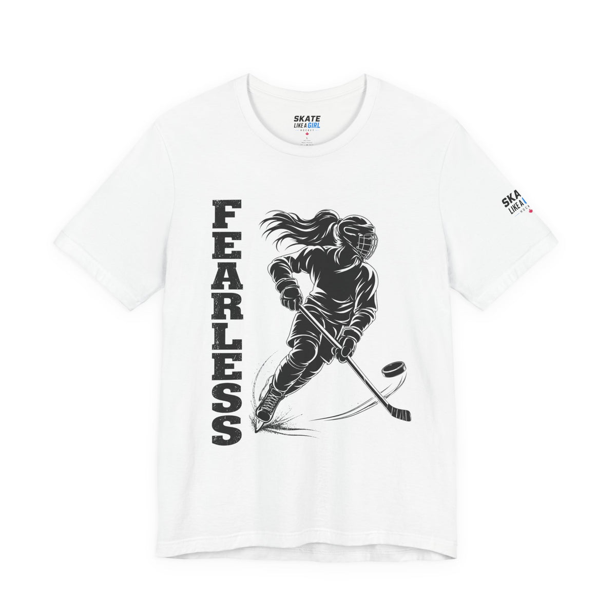 Skate Like A Girl Fearless hockey tee in White - front, FEARLESS graphic on chest