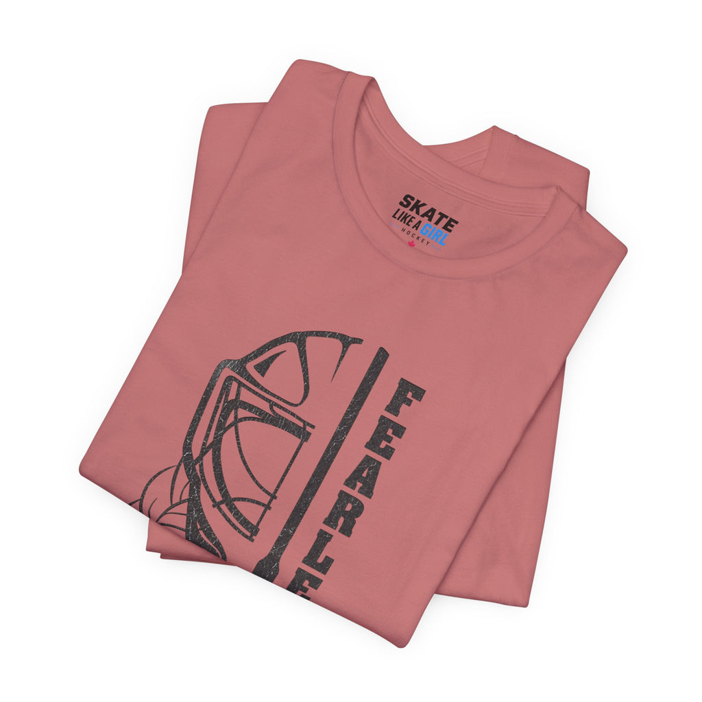 Skate Like A Girl Fearless Goalie hockey tee in Mauve - folded
