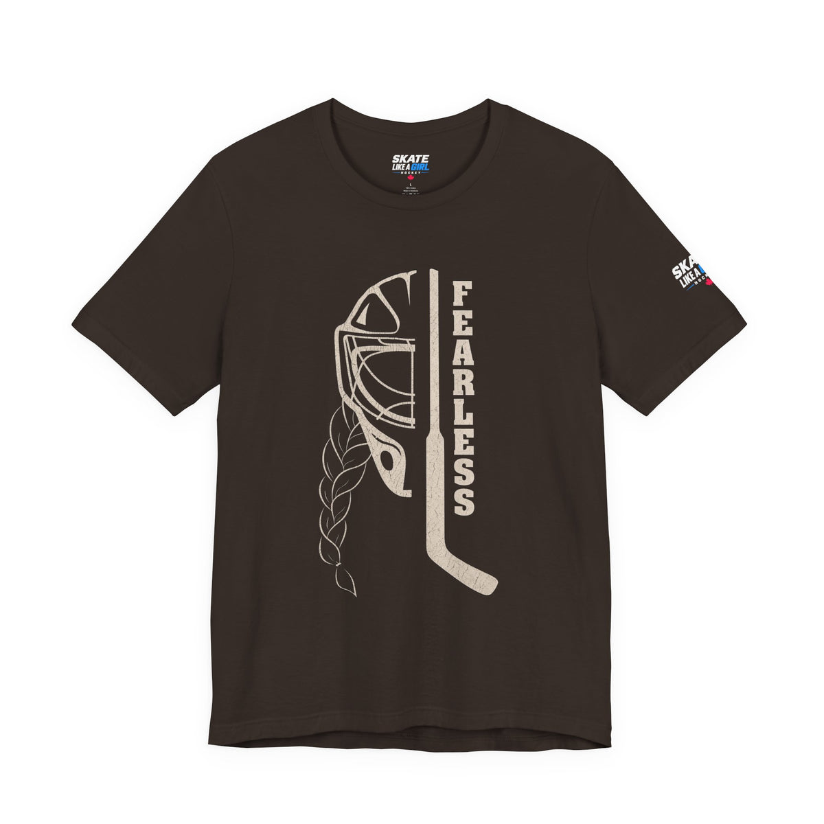 Skate Like A Girl Fearless Goalie hockey tee in Brown - front, goalie mask, braid and stick with FEARLESS graphic