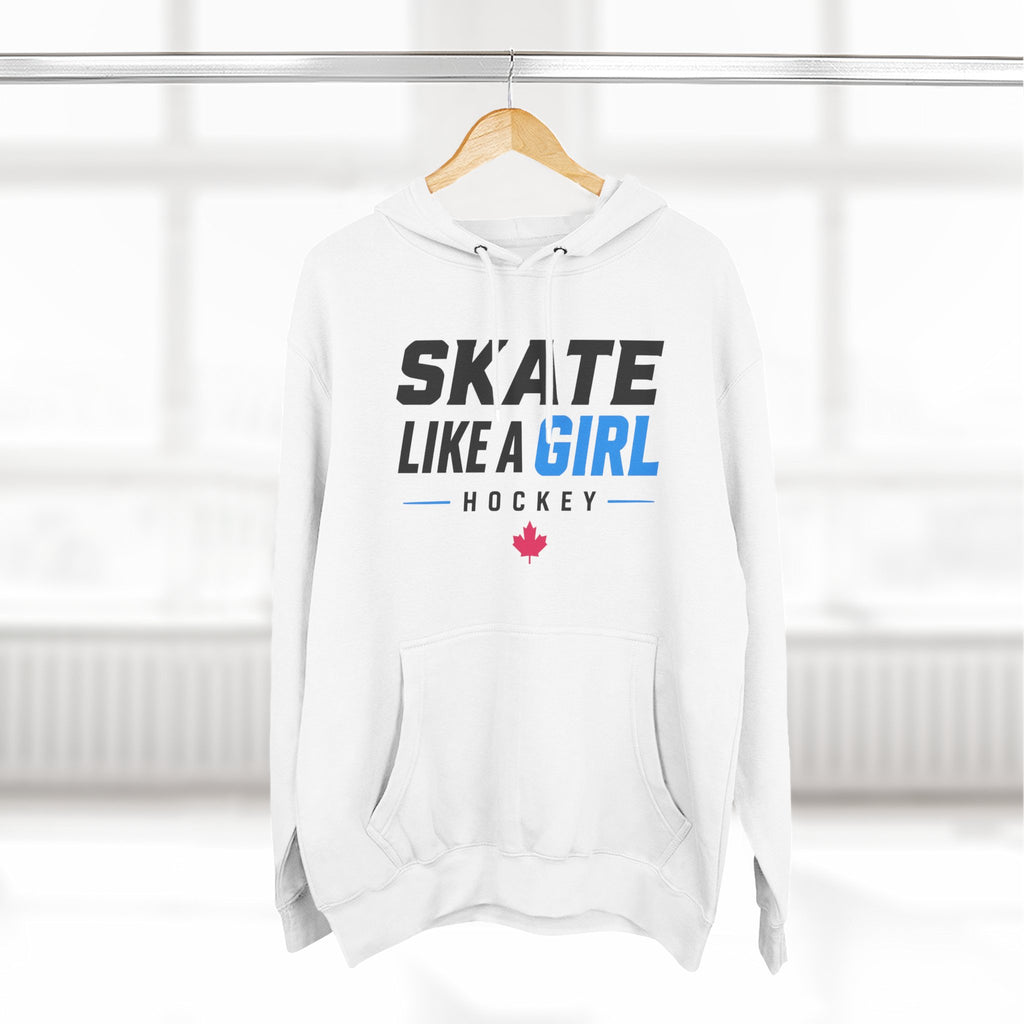 Skate Like A Girl Hockey hoodie in White hanging on a rack