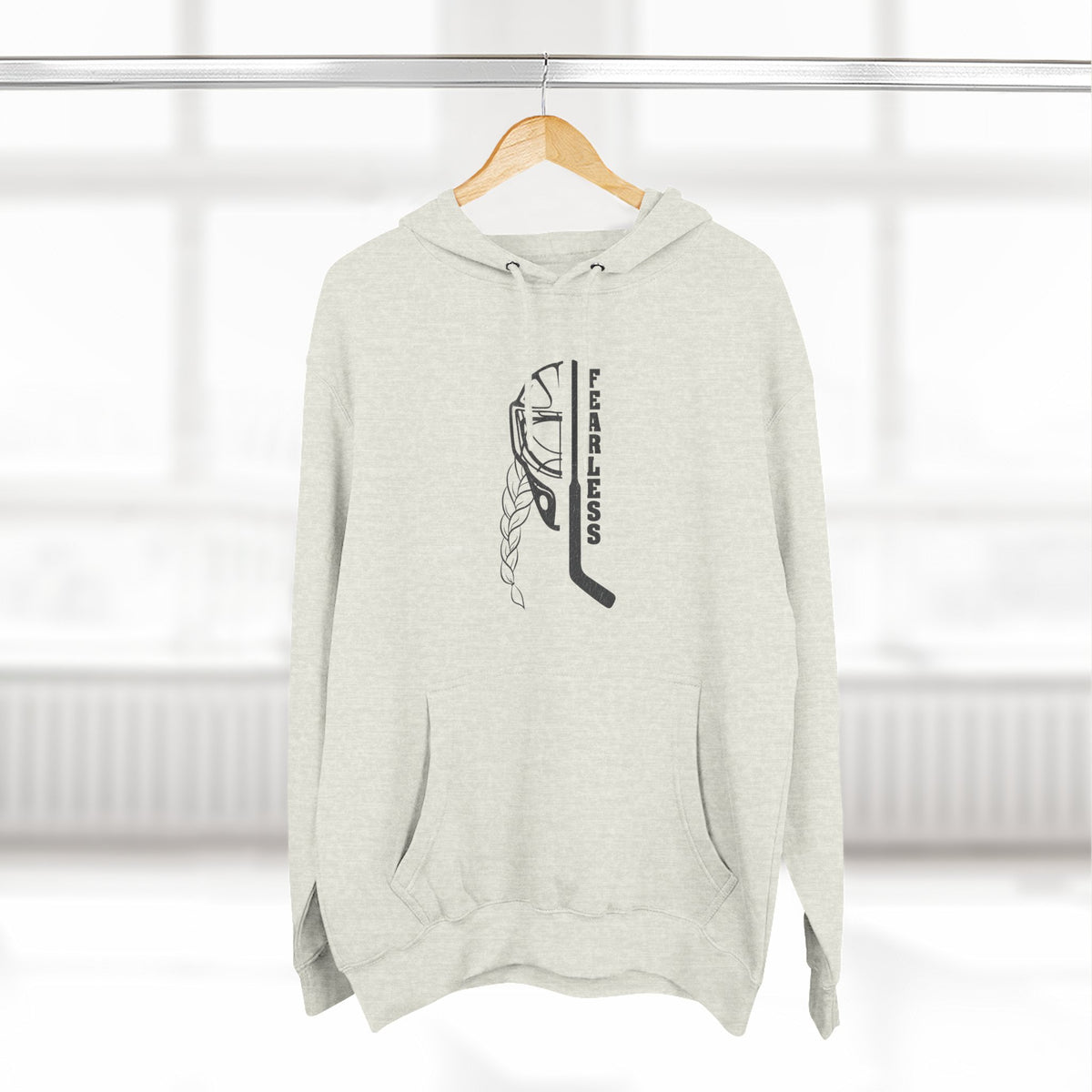 Fearless goalie hockey hoodie in Oatmeal Heather - hanging