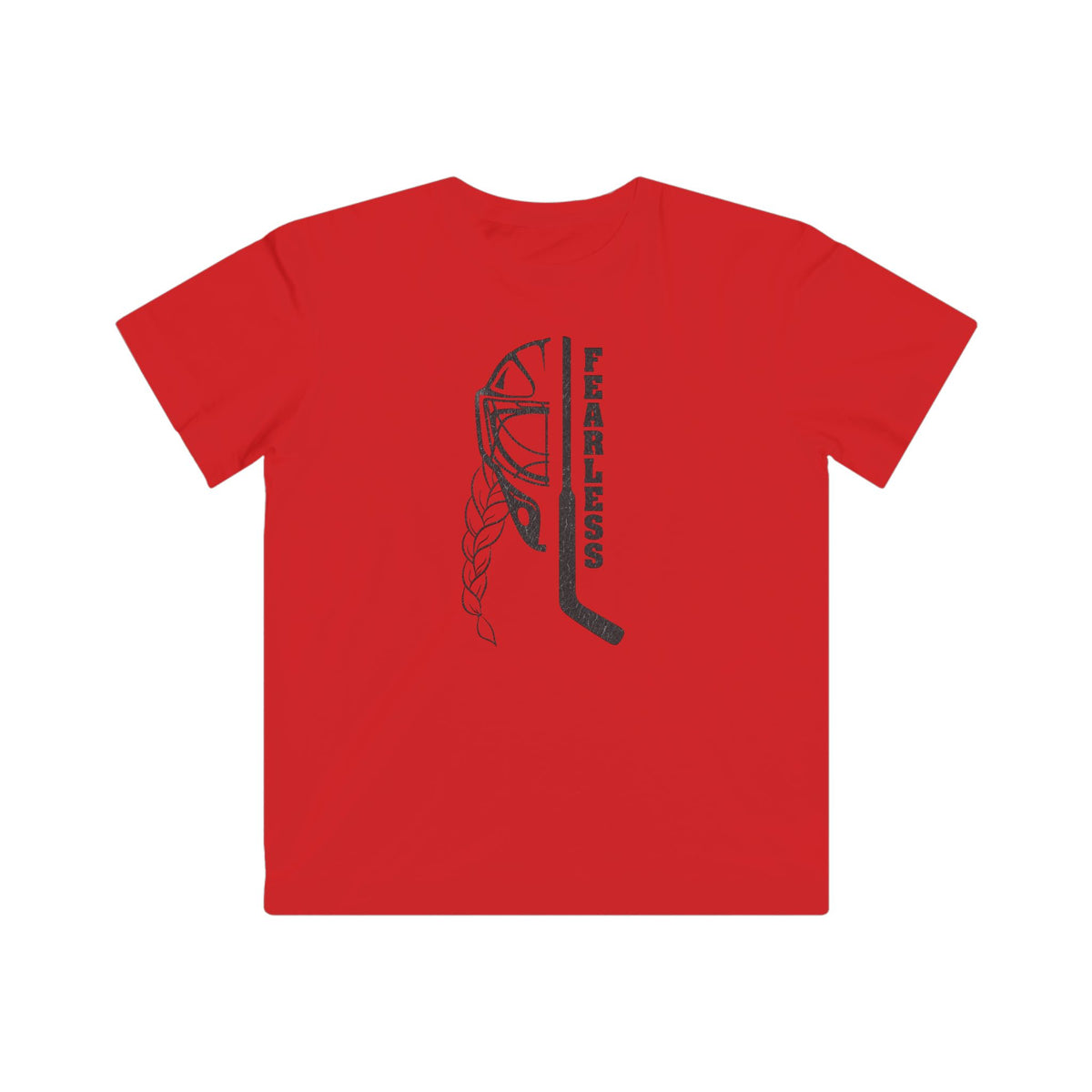 Kids Fearless Goalie Tee in Red - front, goalie mask, braid and stick with FEARLESS graphic