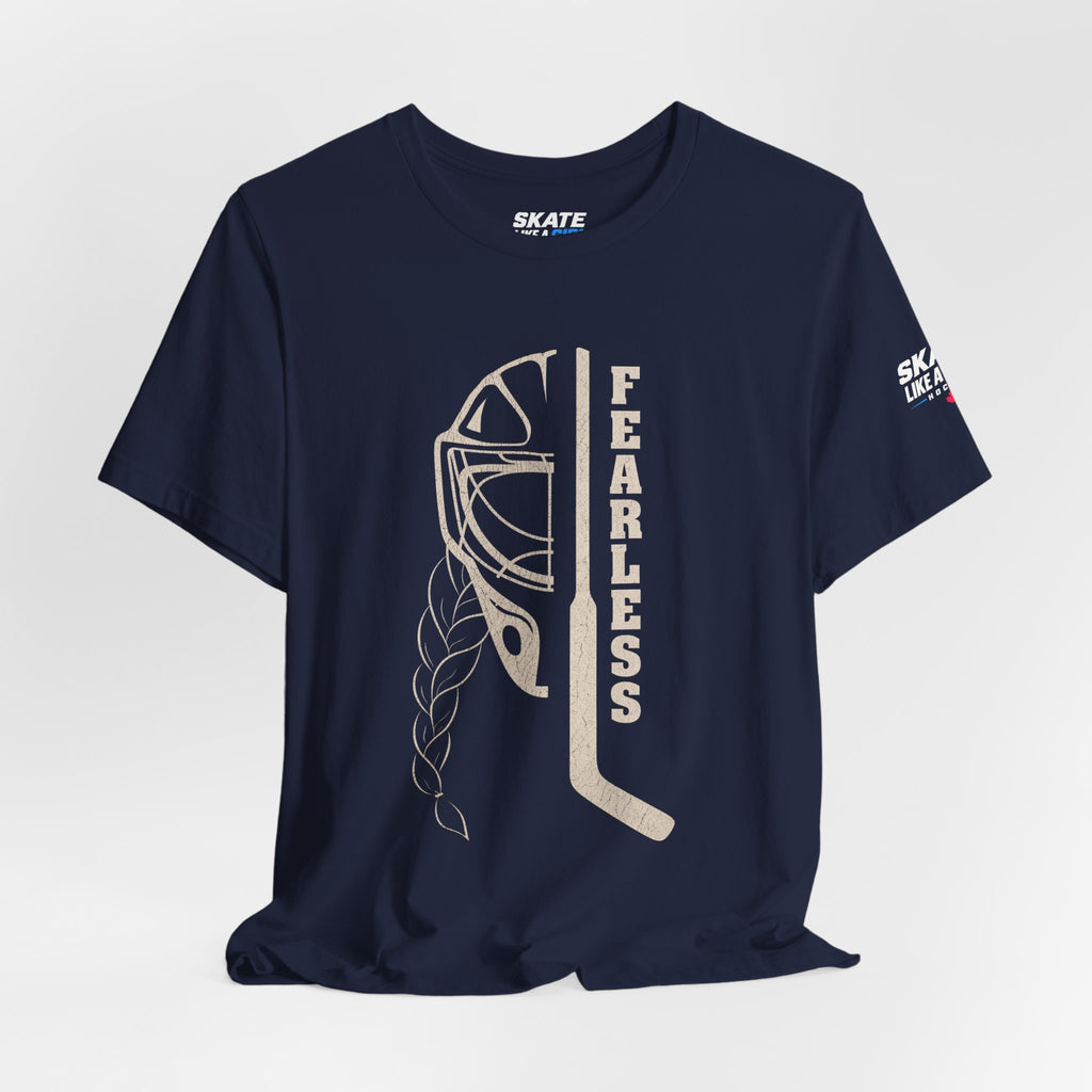 Skate Like A Girl Fearless Goalie hockey tee in Navy - styled