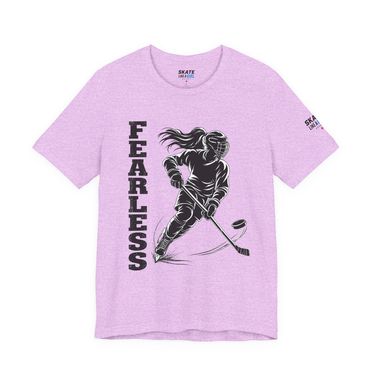 Skate Like A Girl Fearless hockey tee in Heather Prism Lilac - front, FEARLESS graphic on chest