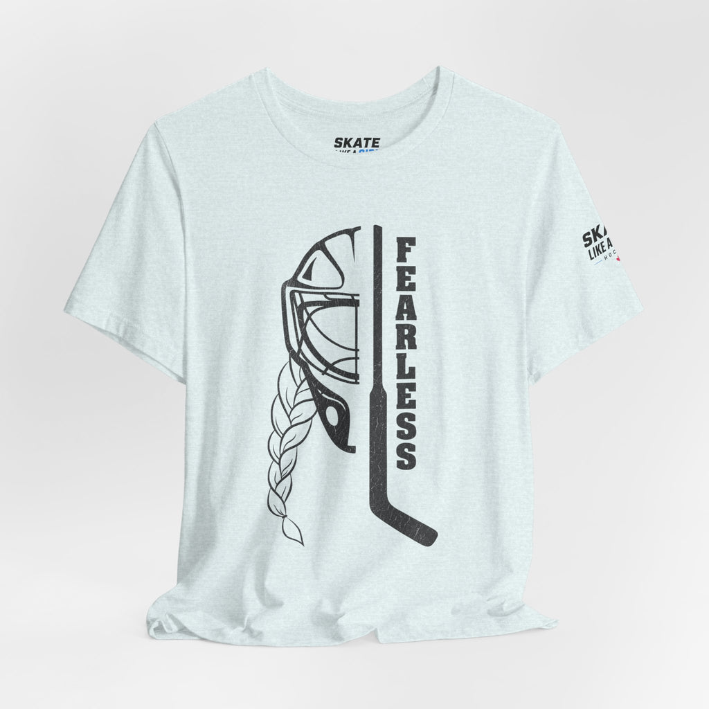 Skate Like A Girl Fearless Goalie hockey tee in Heather Ice Blue - styled