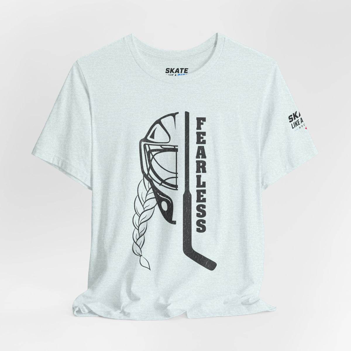 Skate Like A Girl Fearless Goalie hockey tee in Heather Ice Blue - styled
