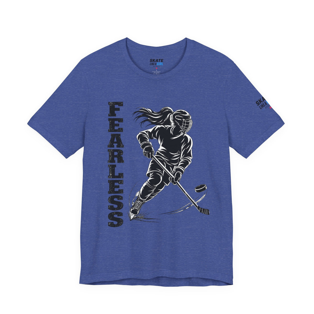 Skate Like A Girl Fearless hockey tee in Heather True Royal - front, FEARLESS graphic on chest