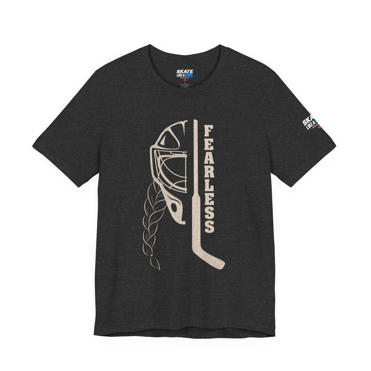 Skate Like A Girl Fearless Goalie hockey tee in Dark Grey Heather - front, goalie mask, braid and stick with FEARLESS graphic