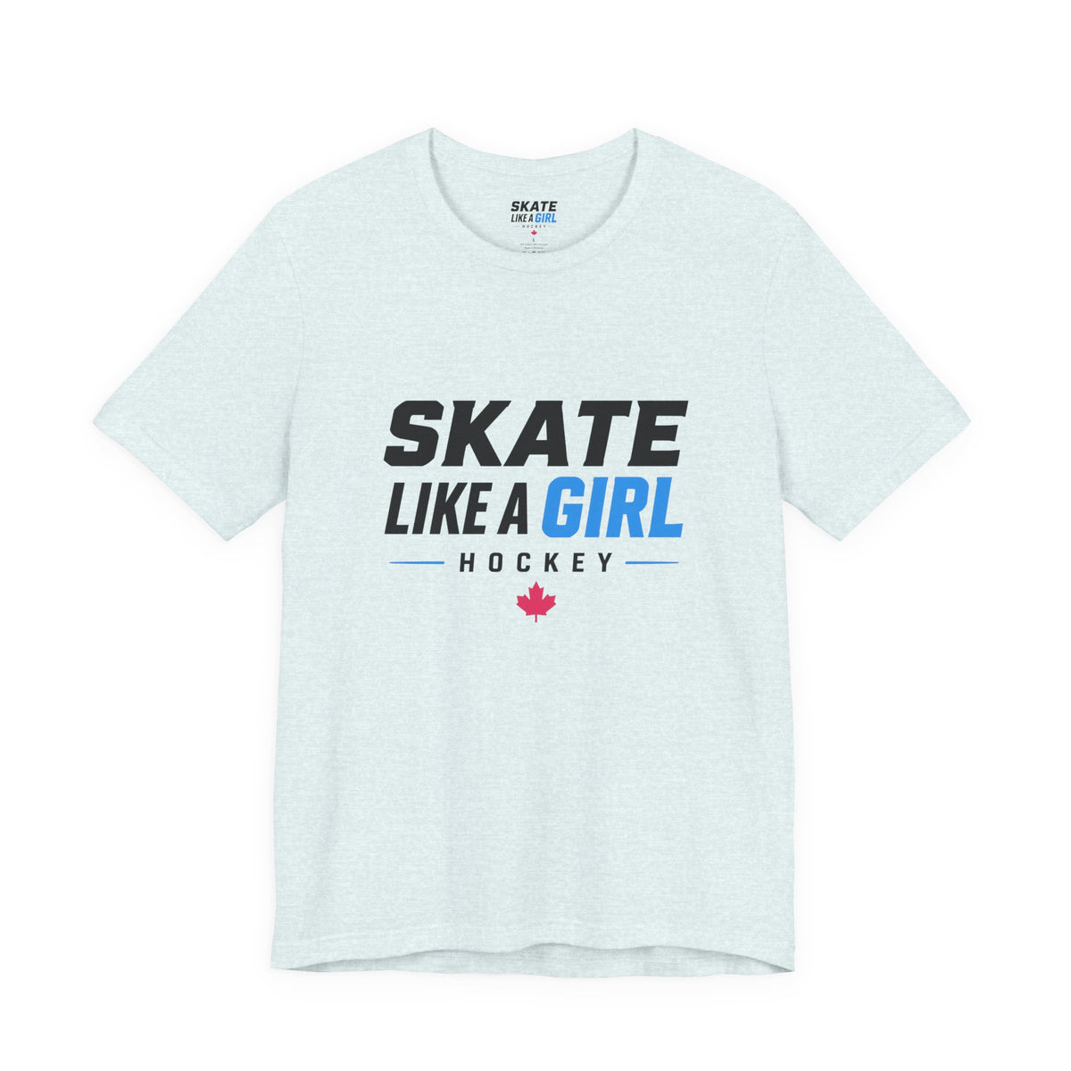 Skate Like A Girl Hockey wordmark tee in Heather Ice Blue - front, full logo centered