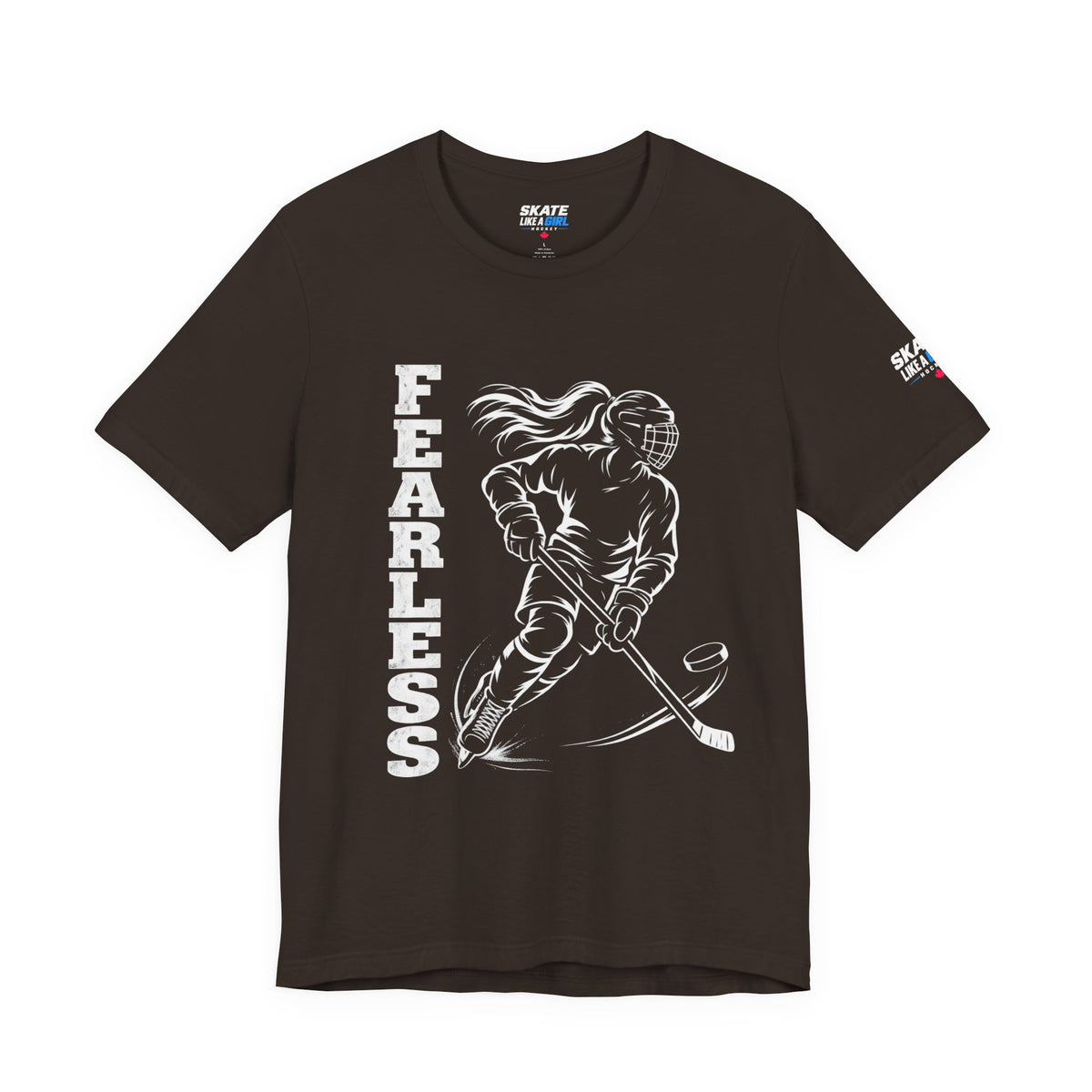 Skate Like A Girl Fearless hockey tee in Brown - front, FEARLESS graphic on chest