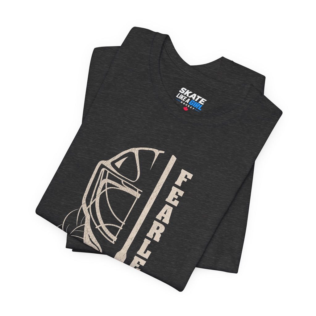 Skate Like A Girl Fearless Goalie hockey tee in Dark Grey Heather - folded
