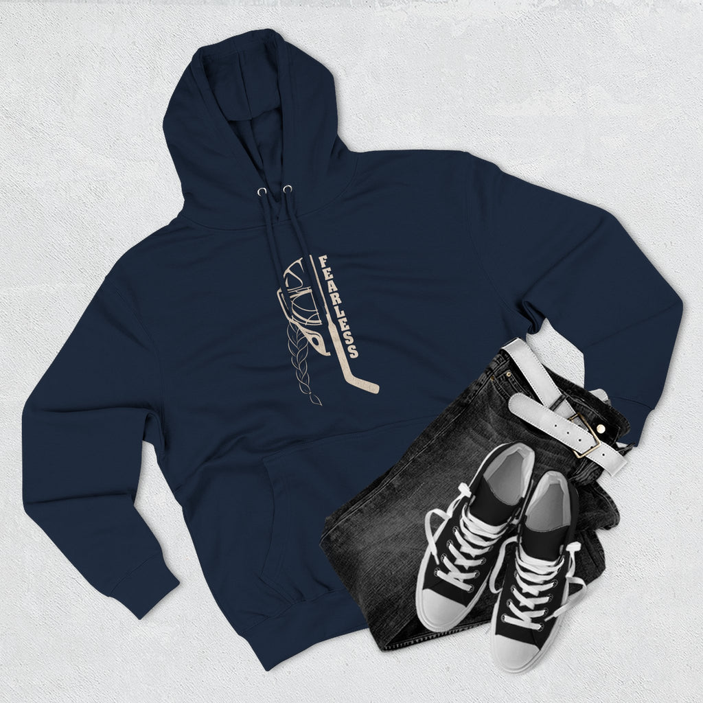Fearless goalie hockey hoodie in Navy - styled flat lay with jeans
