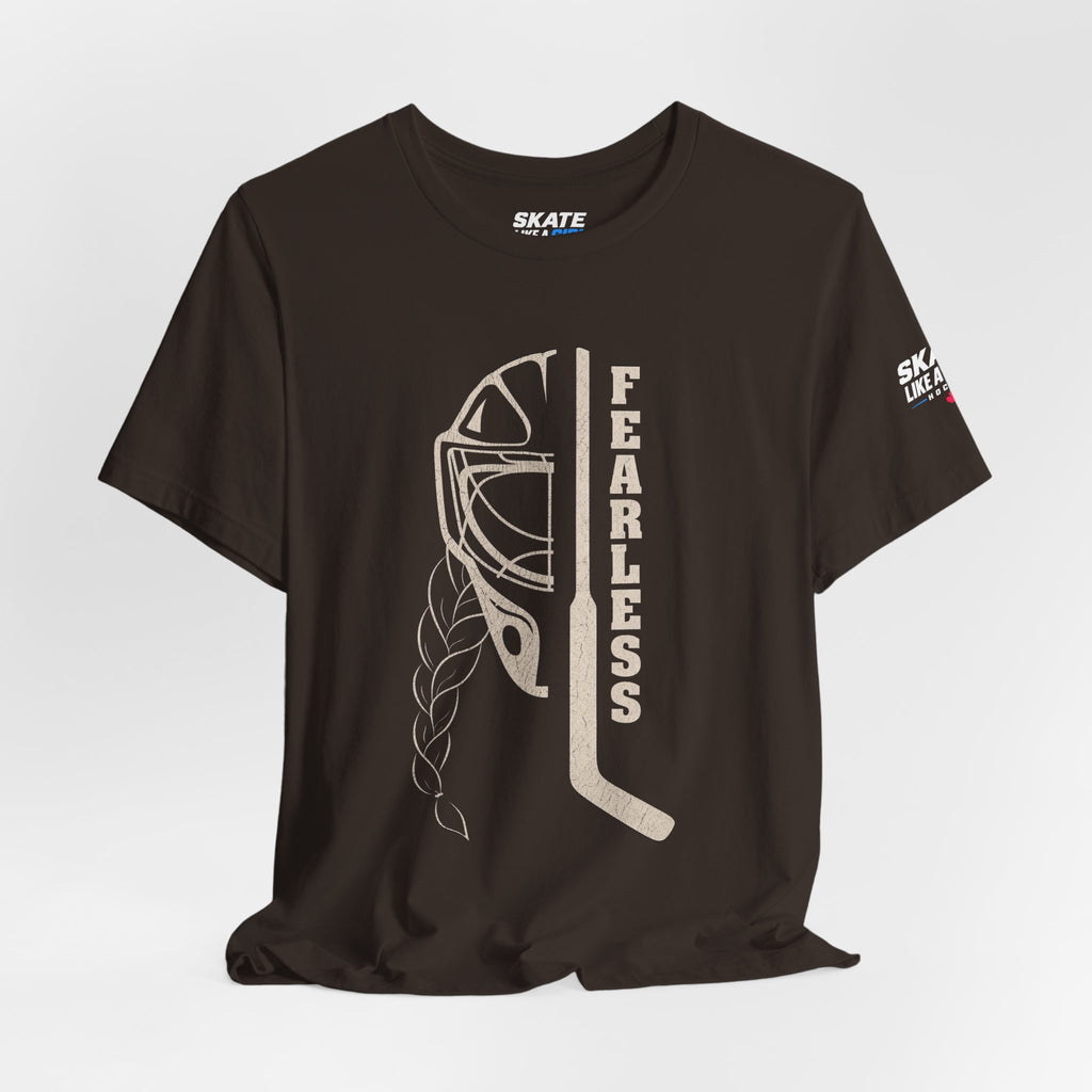 Skate Like A Girl Fearless Goalie hockey tee in Brown - styled