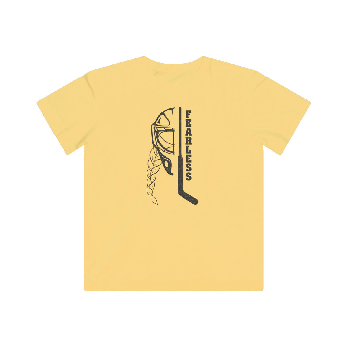 Kids Fearless Goalie Tee in Butter - front, goalie mask, braid and stick with FEARLESS graphic