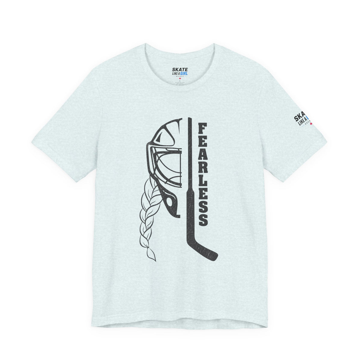 Skate Like A Girl Fearless Goalie hockey tee in Heather Ice Blue - front, goalie mask, braid and stick with FEARLESS graphic