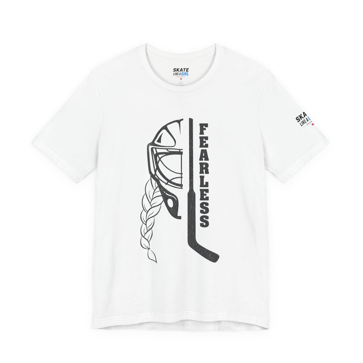 Skate Like A Girl Fearless Goalie hockey tee in White - front, goalie mask, braid and stick with FEARLESS graphic