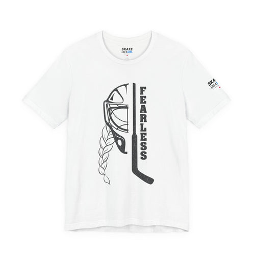 Skate Like A Girl Fearless Goalie hockey tee in White - front, goalie mask, braid and stick with FEARLESS graphic