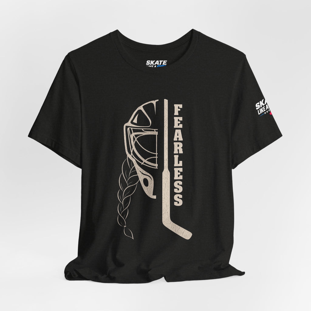 Skate Like A Girl Fearless Goalie hockey tee in Black Heather - styled