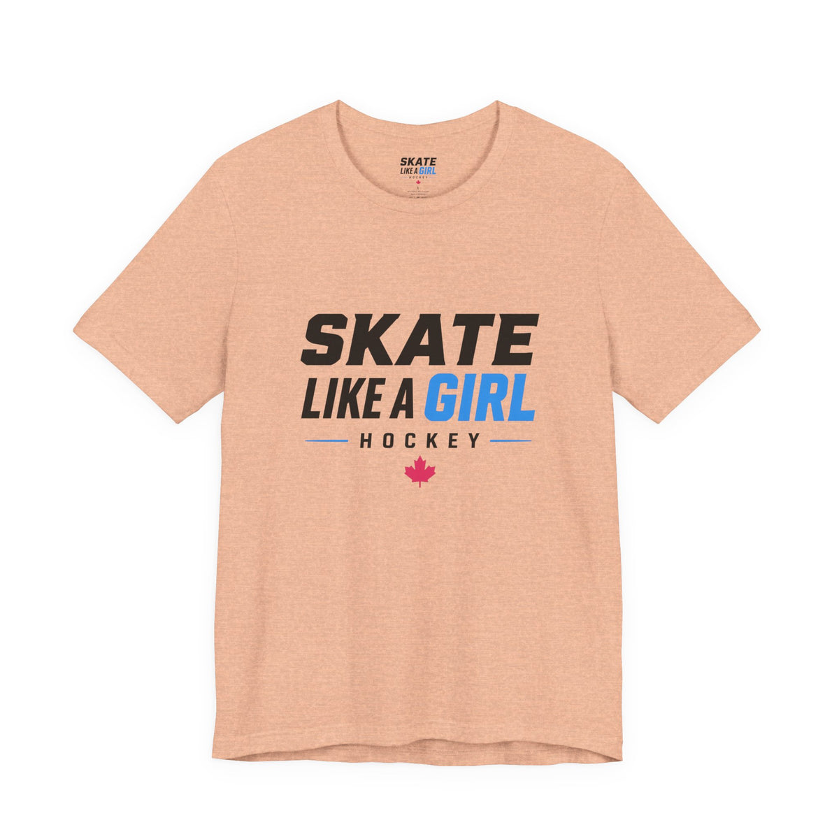 Skate Like A Girl Hockey wordmark tee in Heather Peach - front, full logo centered