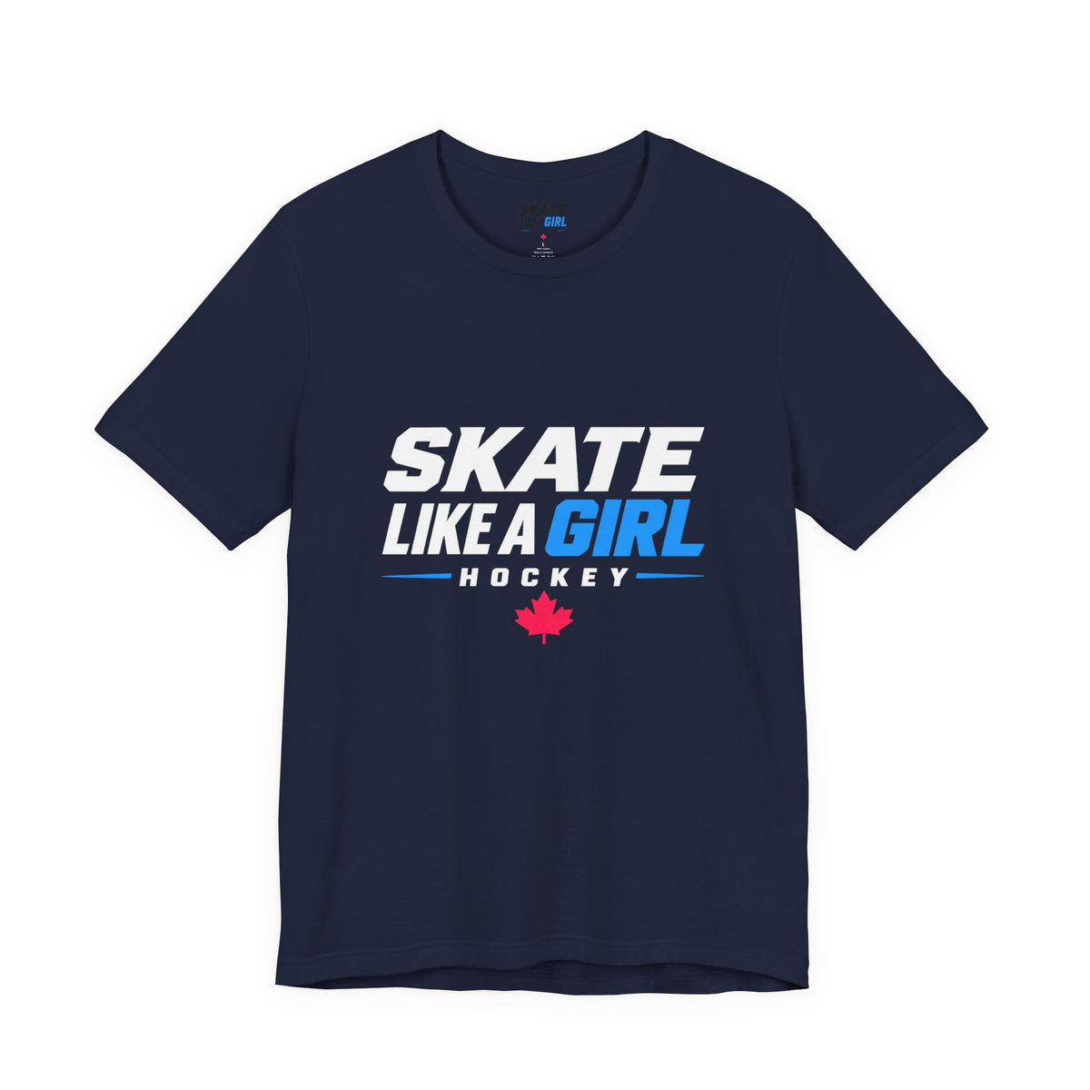 Skate Like A Girl Hockey wordmark tee in Navy - front, full logo centered