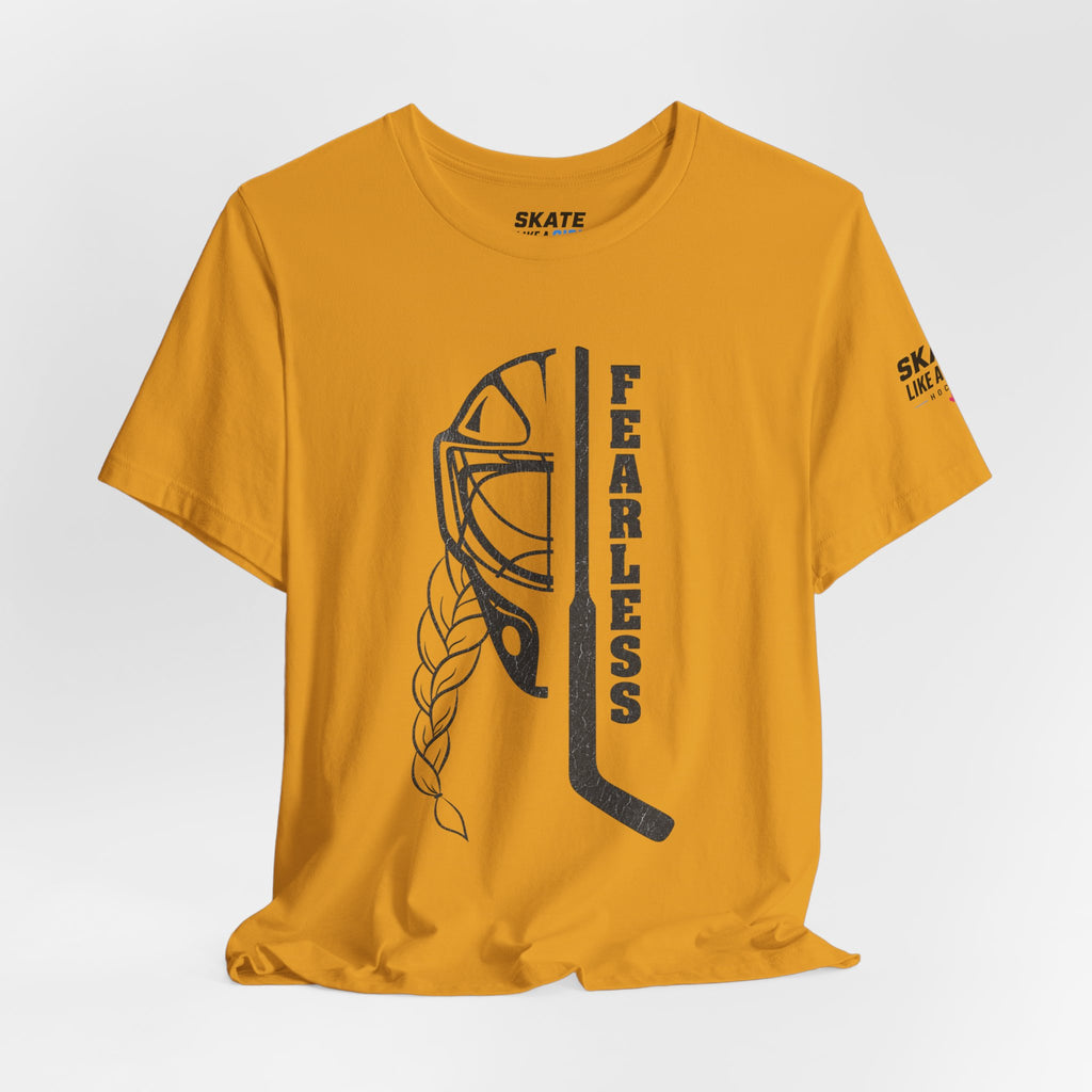 Skate Like A Girl Fearless Goalie hockey tee in Mustard - styled