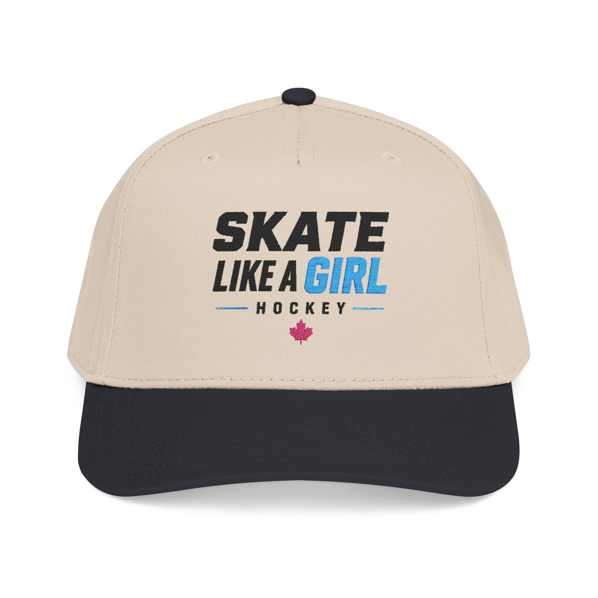 Skate Like A Girl Hockey snapback cap in Black / Natural - front, embroidered wordmark logo
