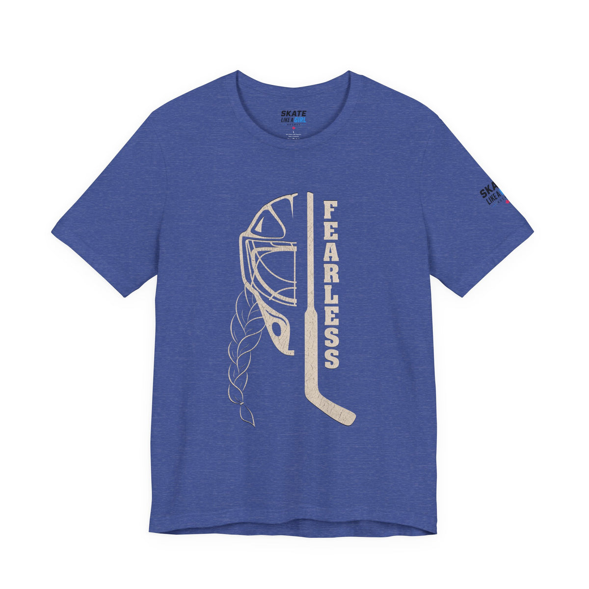 Skate Like A Girl Fearless Goalie hockey tee in Heather True Royal - front, goalie mask, braid and stick with FEARLESS graphic
