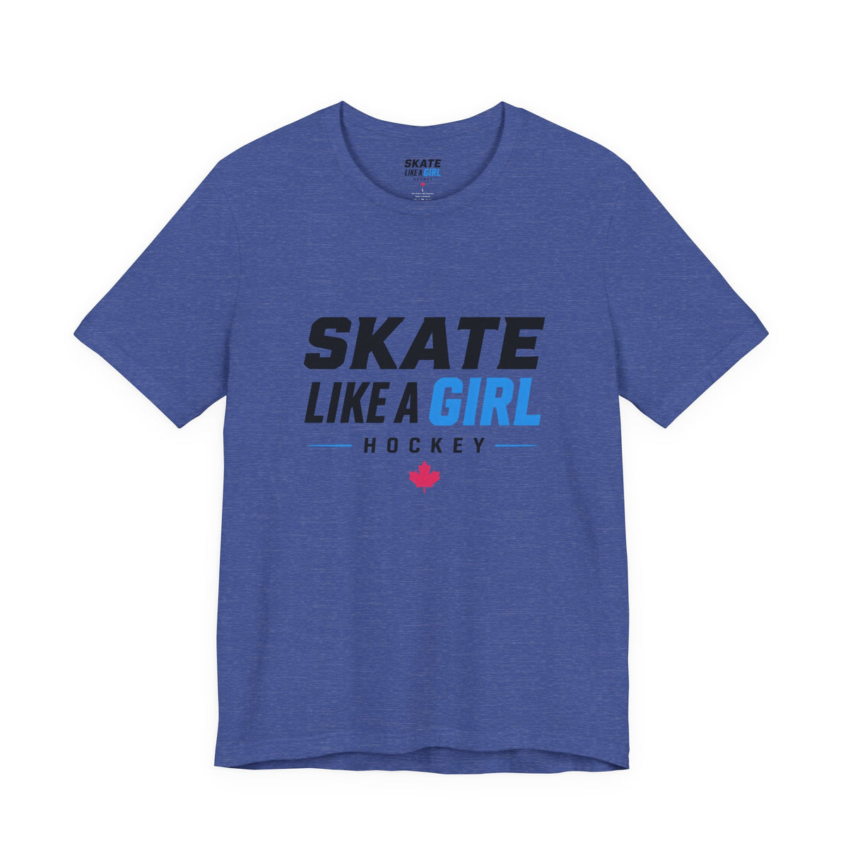 Skate Like A Girl Hockey wordmark tee in Heather True Royal - front, full logo centered