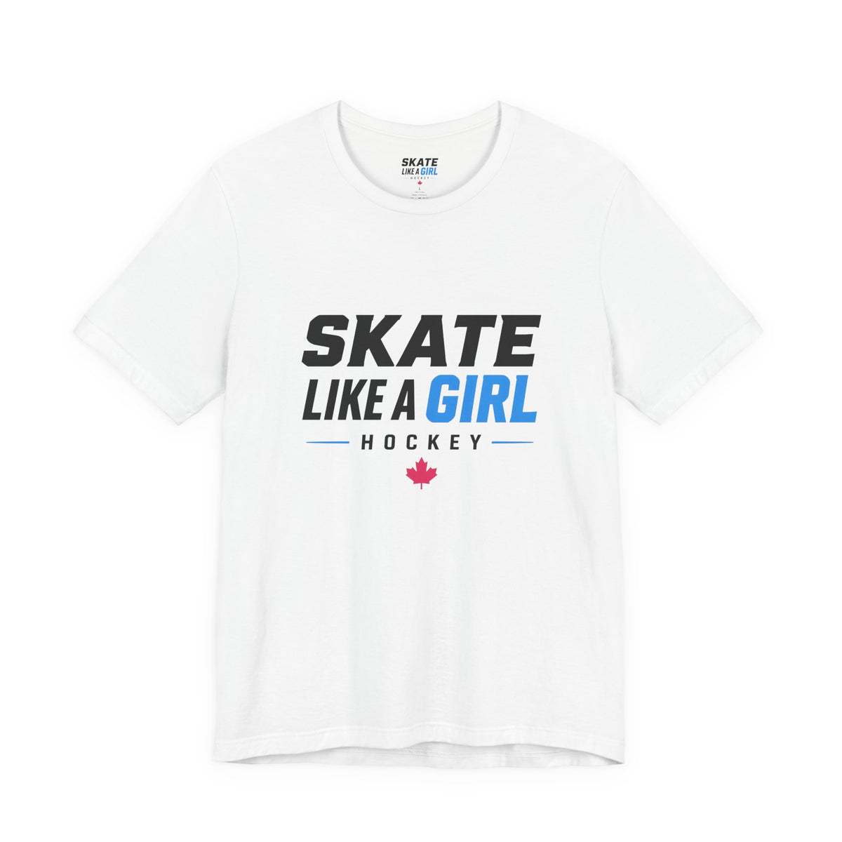 Skate Like A Girl Hockey wordmark tee in White - front, full logo centered