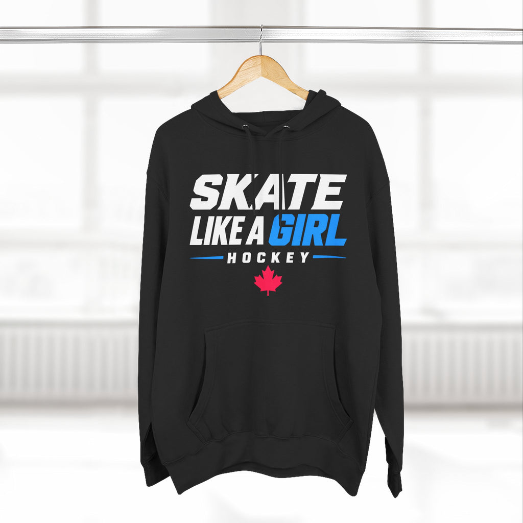Skate Like A Girl Hockey hoodie in Black hanging on a rack