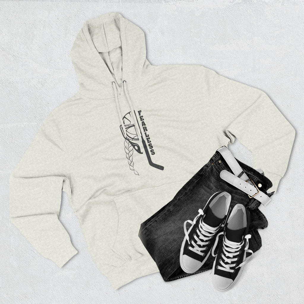 Fearless goalie hockey hoodie in Oatmeal Heather - styled flat lay with jeans