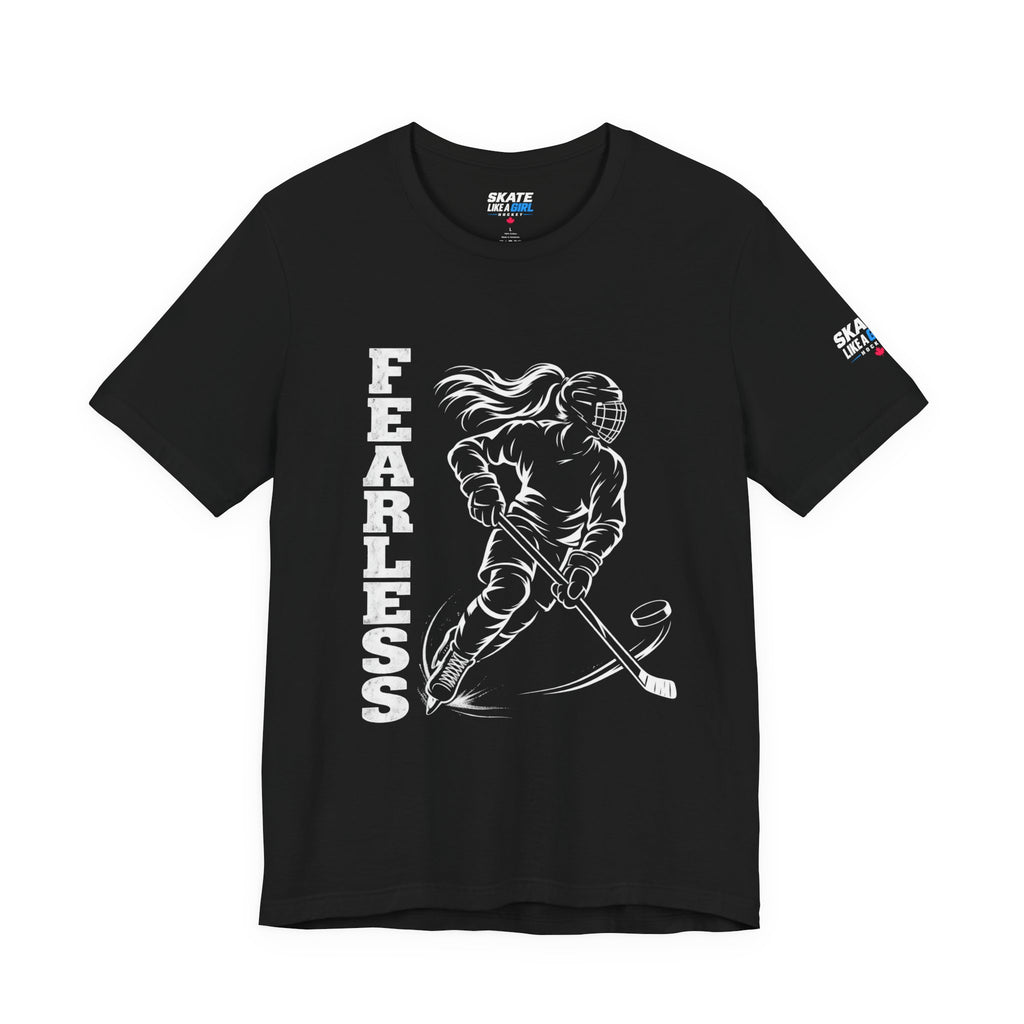 Skate Like A Girl Fearless hockey tee in Black - front, FEARLESS graphic on chest